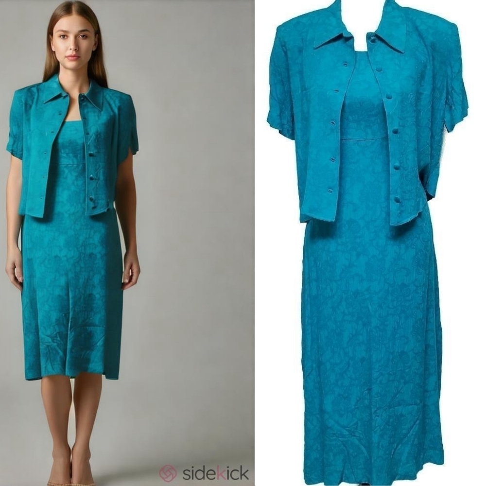 Karin Stevens Vintage 80s Teal Textured Crop Top Sleeveless Midi Dress Set 8P